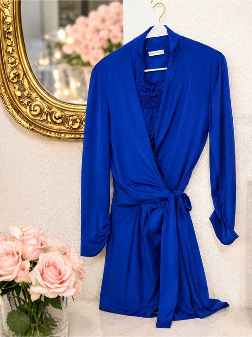 Zara Royal Blue Draped Wrap Mini Dress | Long Sleeve Cocktail Dress